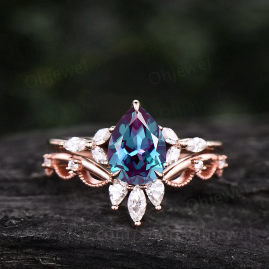 Vintage Pear Alexandrite Engagement Ring Set Flower Marquise Moissanite Rose Gold Sterling Silver Women Unique Wedding