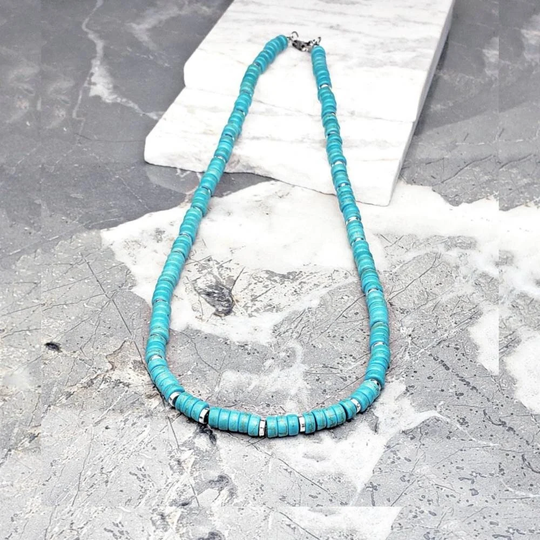Men's "Silver & Turquoise" Necklace| Silver Turquoise Gemstone Heishi Disc Beaded Necklace