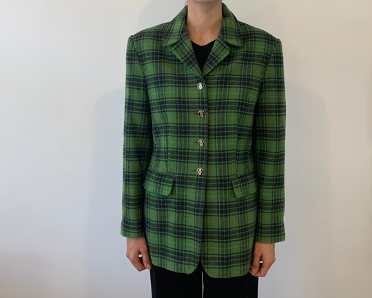 Vintage Lady's Wool Blend Green Checkered Tartan Jacket Blazer Size M Women