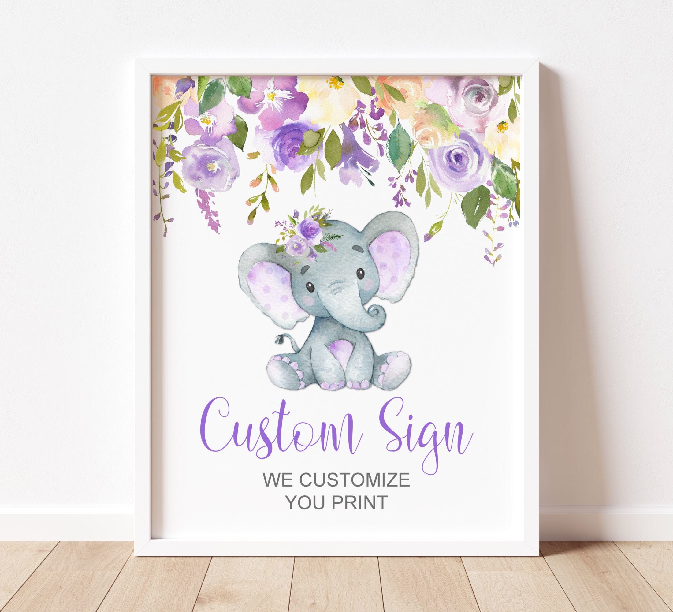 Elephant Custom Sign Printable Purple Baby Shower Birthday Decorations Personalized Digital File A79 C67
