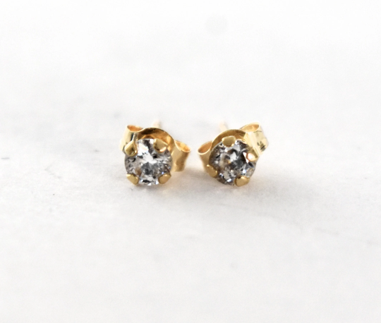 90's Jacmel Mauritius Tiny 10K Gold Cubic Zirconia Studs, Clear Czs Yellow Jcm Minimalist Bling Earrings