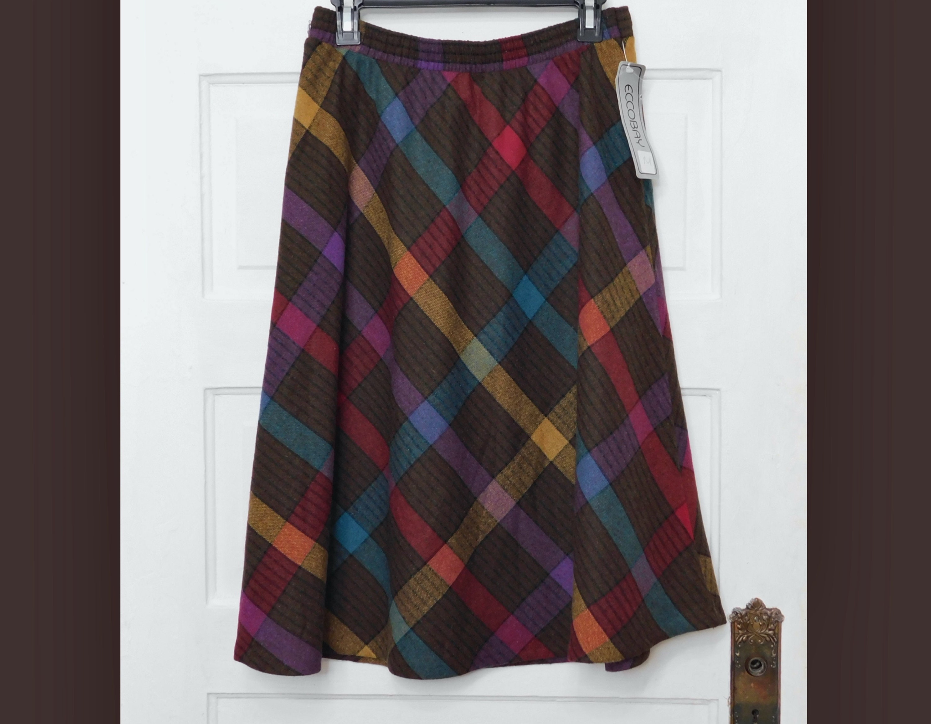 Nos 1970S Rainbow Plaid Wool Blend Multicolor Midi Skirt -Eccobay - Elastic High Waist 14 -15.5/ Length-27" M/L"