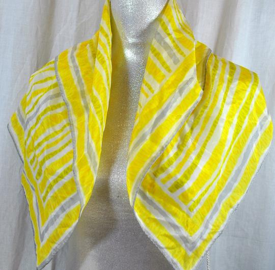 Vera Square Scarf - Rayon Silk Blend Hand Rolled Made in Japan Yellow Gold & Gray On White Abstract Print
