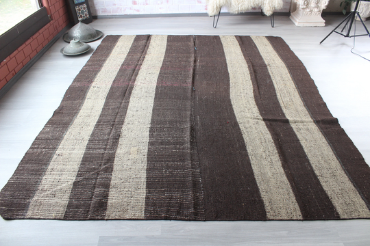 Vintage Kilim, Ethnic Striped Kilim, Bohemian Rug, Black/N-1009