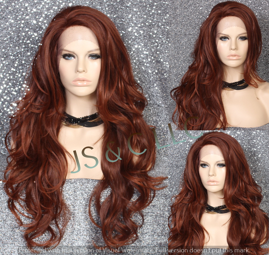 Human Hair Blend Lace Front Wig Layered & Wavy Dark Red Auburn Mix Heat Ok Cancer/Alopecia/Cosplay