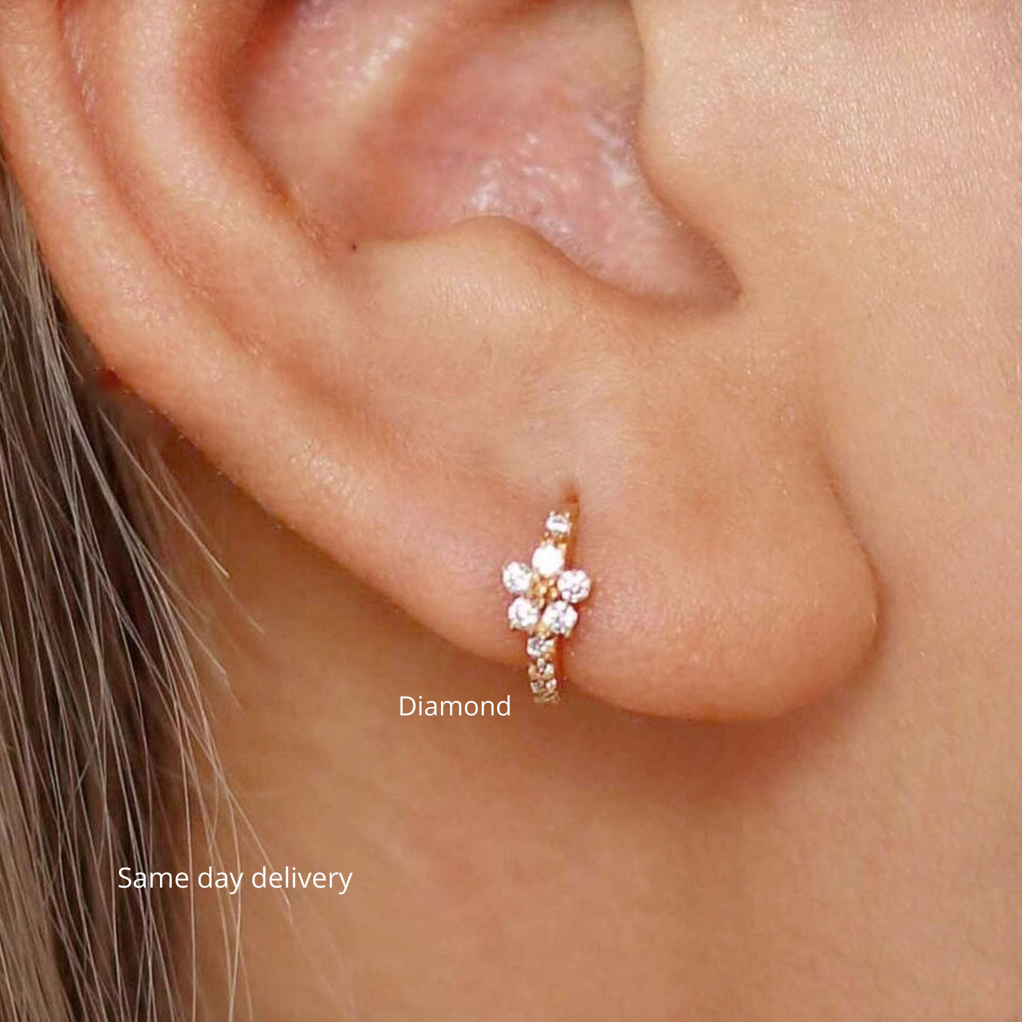 Cartilage Hoophuggie Hoop Earringsflower Diamond Huggie Earringslab Grown Diamond10K/14K Solid Goldmini Earringscartilage Earring