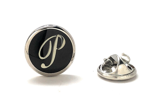 Letter P Lapel Pin Initials Black Enamel Silver Script Finish Alphabet Lanyard Name Badge Wedding Anniversary Tie Tack