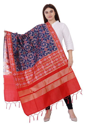 Women's Woven Silk Blend Patola Ikkat Dupatta/Chunni Color -Navy Blue Free Shipping