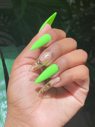 Matte Neon Green Press On Nails With Gold Foil Flakes Press-On Handmade Long Coffin