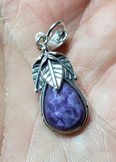 Rare Siberian Metaphysical Purple Charoite Pendant Solid Silver 925 Mark Stone Teardrop Size 10 X 16mm Made in Poland Gift Box Included
