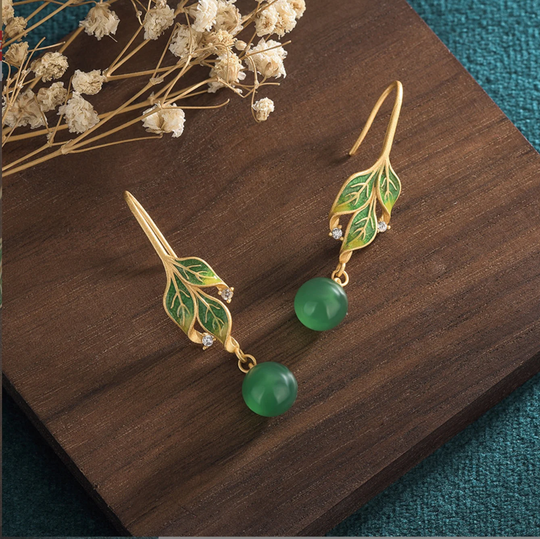 Jade Crystal Earrings Drop Dangle 18K Gold Plated Green Gemstone Ear Hook Handmade Leaf Design Jewelry