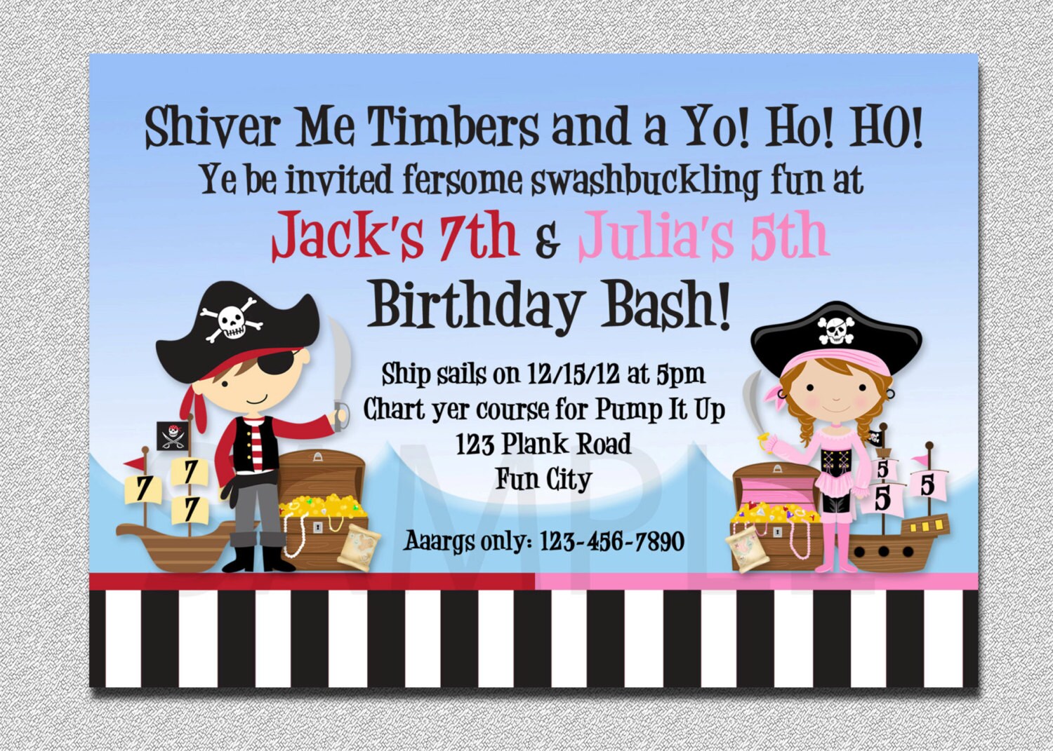 Pirate Birthday Invitation, Twins Party Boy Girl Party, Stripes Invitation