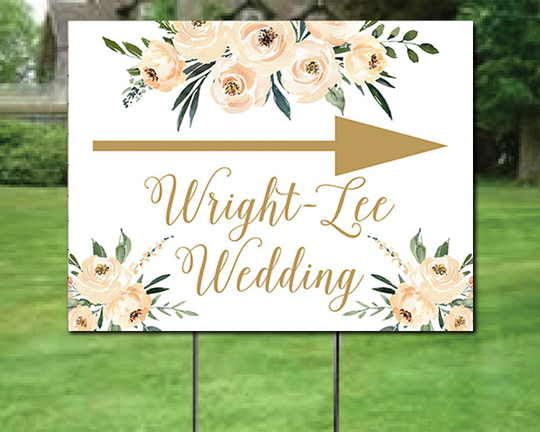 Wedding Directions Yard Sign Cream Ivory Roses Personalized With Stake, Double Sided