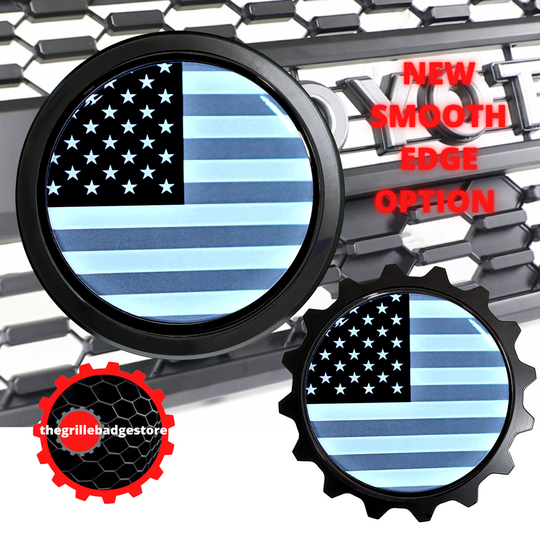 Aluminum Grille Badge USA Flag Grayscale Fits & Compatible On Ram, Tundra, 4Runner, Fj Cruiser, Nissan Titan Frontier, F150, Chevy Colorado