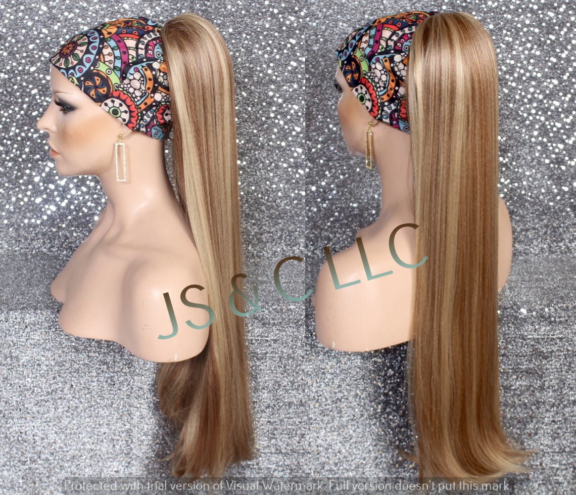 Golden Brown Blonde Human Hair Blend Ponytail Piece Drawstring Extra Long Wavy Simply Put It On & Go Can Be Wrapped Around As A Bun