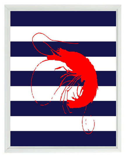 Shrimp Art Print Set - Beach Nautical Sea Creature Ocean Nursery Seafood Room Kitchen Red Blue Wall Home Decor Print