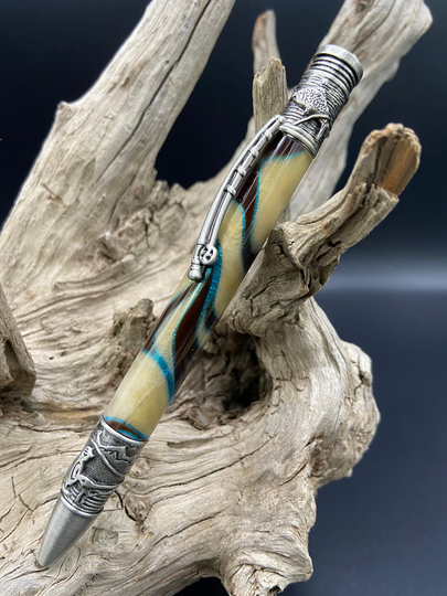 Handmade Fly Fishing Twist Pen, Antique Pewter & River Bank Acrylic, Retirement Gift, Gift For Him, Fathers Day Sportsmans