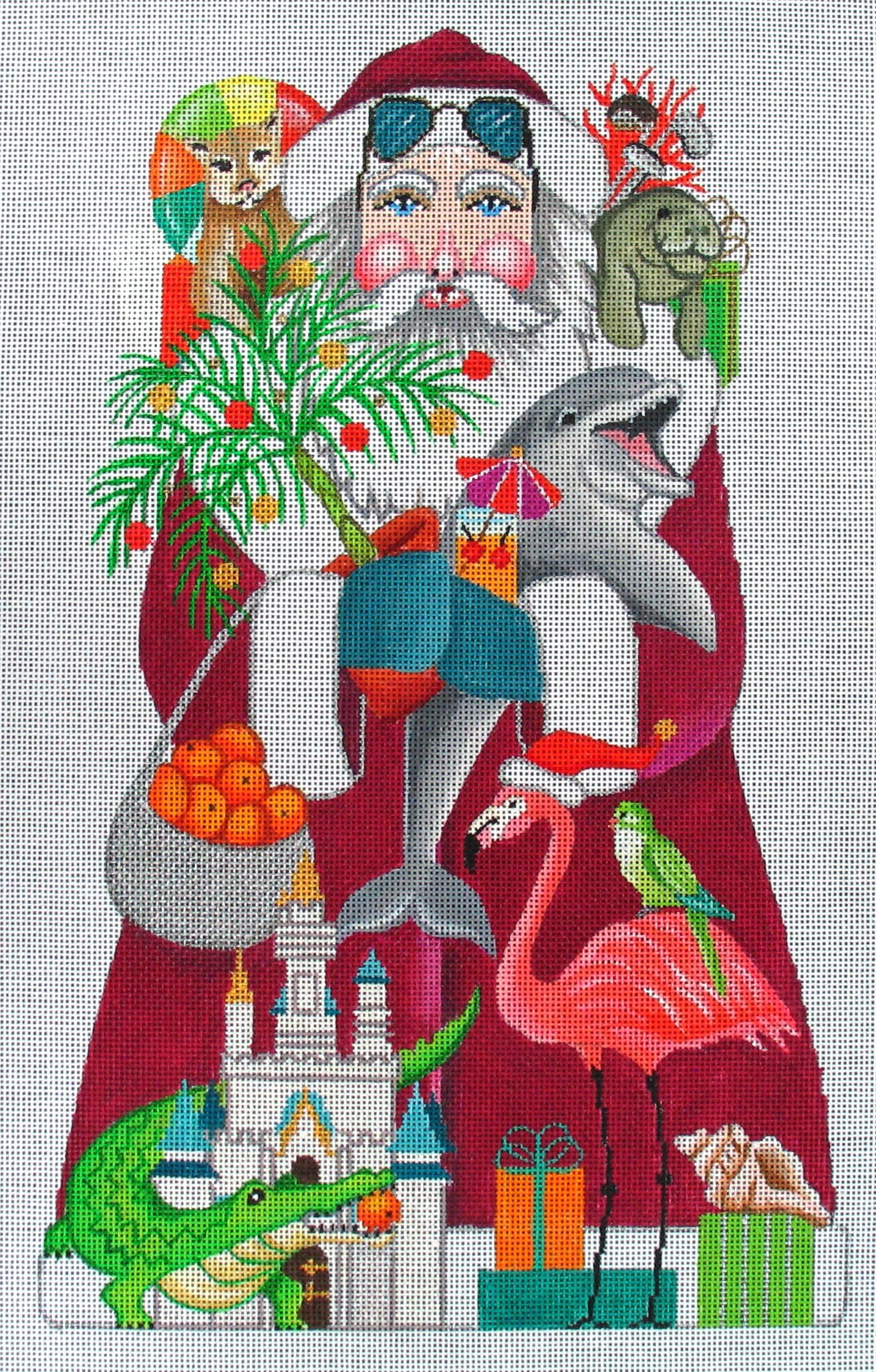 Needlepoint Handpainted Amanda Lawford Christmas Florida Santa 13.5 -Free Us Shipping