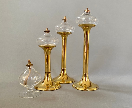 Holmegaard & G.v. Harnisch Oillamps Brass Candlesticks With Mouthblown Glass