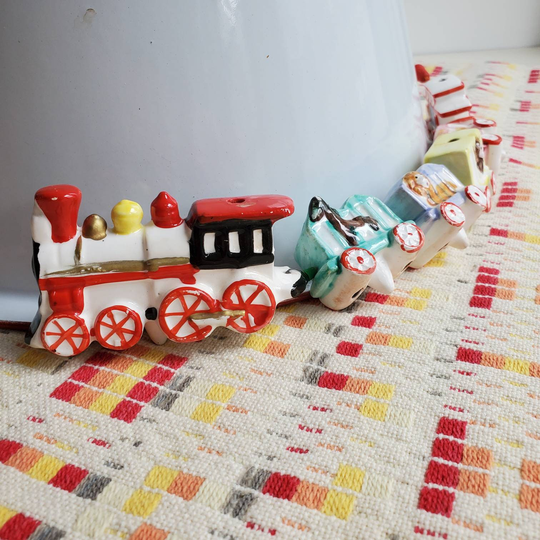 Vintage 1960S Circus Train Cake Topper By Mf Japan, Handpainted Porcelain White Red Black Aqua Blue Pink Lavender {13" Long X 1.5"W}
