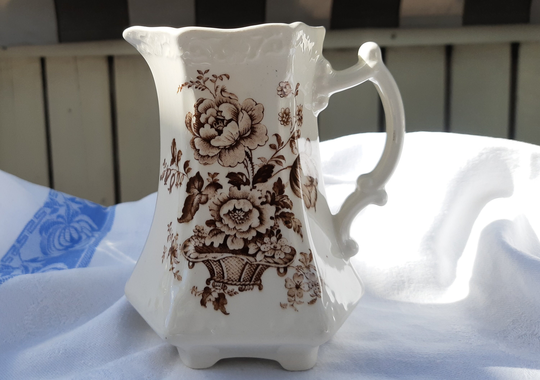 Milk White Jug With Brown Floral Pattern. Straffordshire England