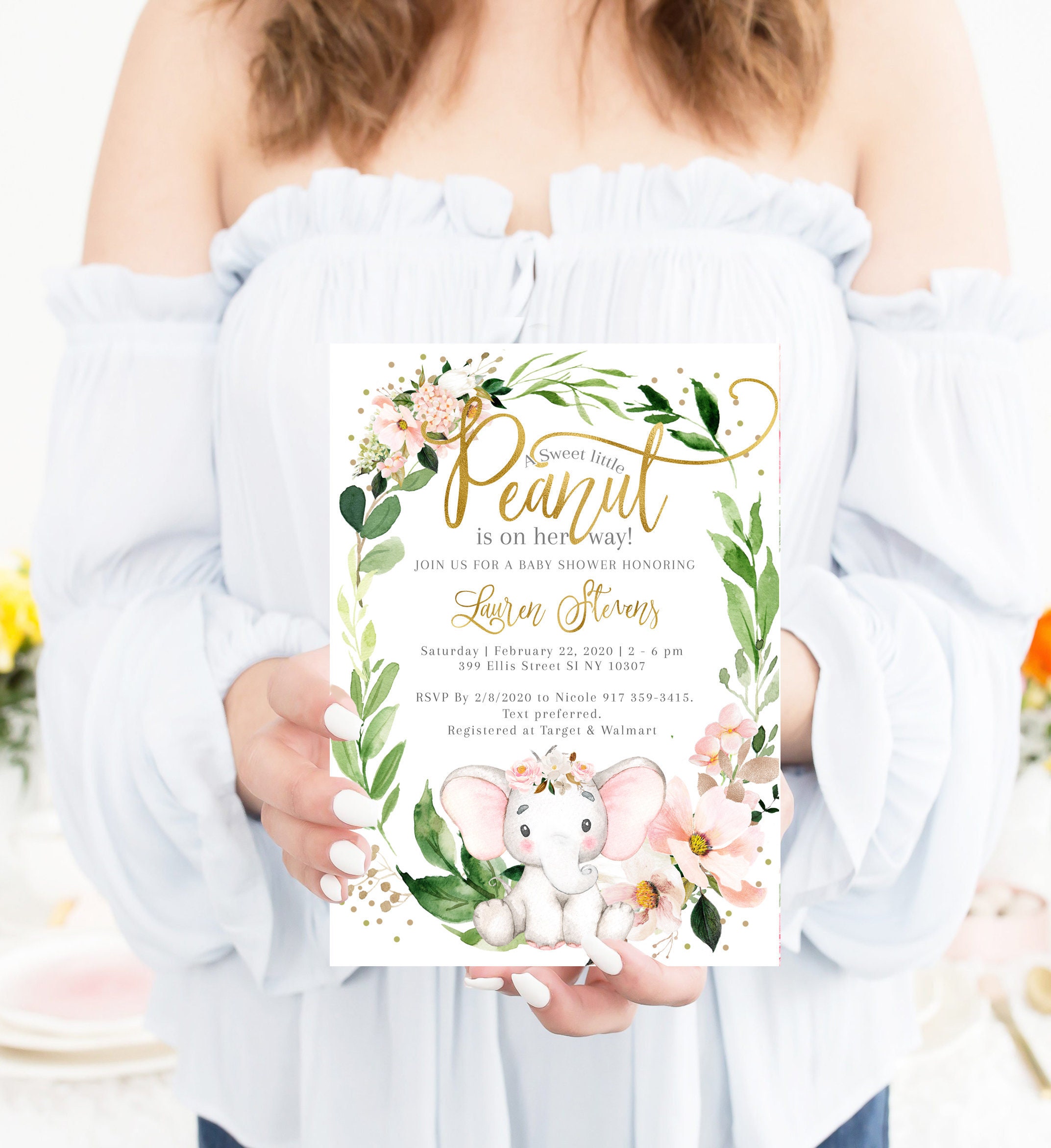 Elephant Baby Shower Invitation, Girl Elephant Invite, Pink Little Peanut Invitation #14