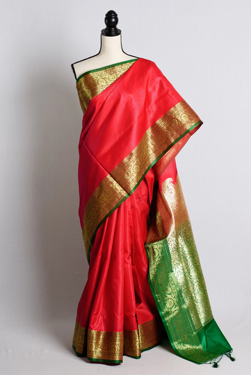 Blended Silk Traditional Valkalam Banarasi Saree in Rosy Pink & Green | Bengal Looms