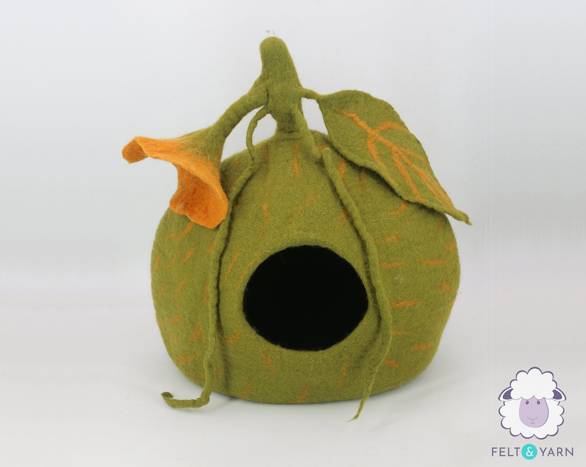 50cm Wool Felt Pumpkin Cat Cave | Felted Green Bed Kitty House Fair Trade 100% & Handmade Free Shipping