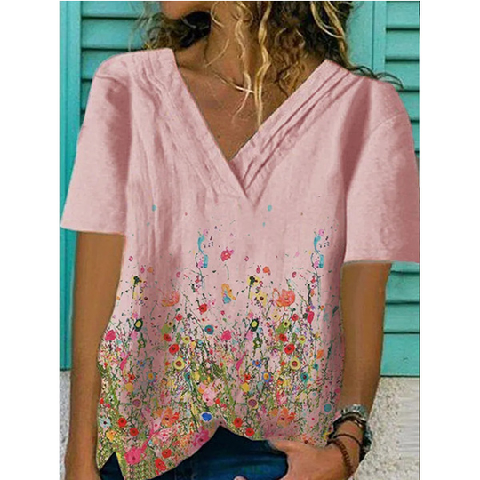 White Floral-Print Cotton-Blend Casual V Neck Shirts & Tops - Red, M