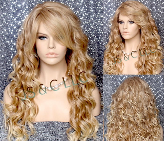 Blonde Mixed Human Hair Blend Wig Heat Ok Long Deep Wavy Full Bangs Cancer Alopecia Theatrical Cosplay Anime