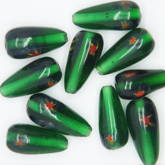 Glass Beads Green Transparent Millefiore Drop 20mm. Pack Of 10. Made in India