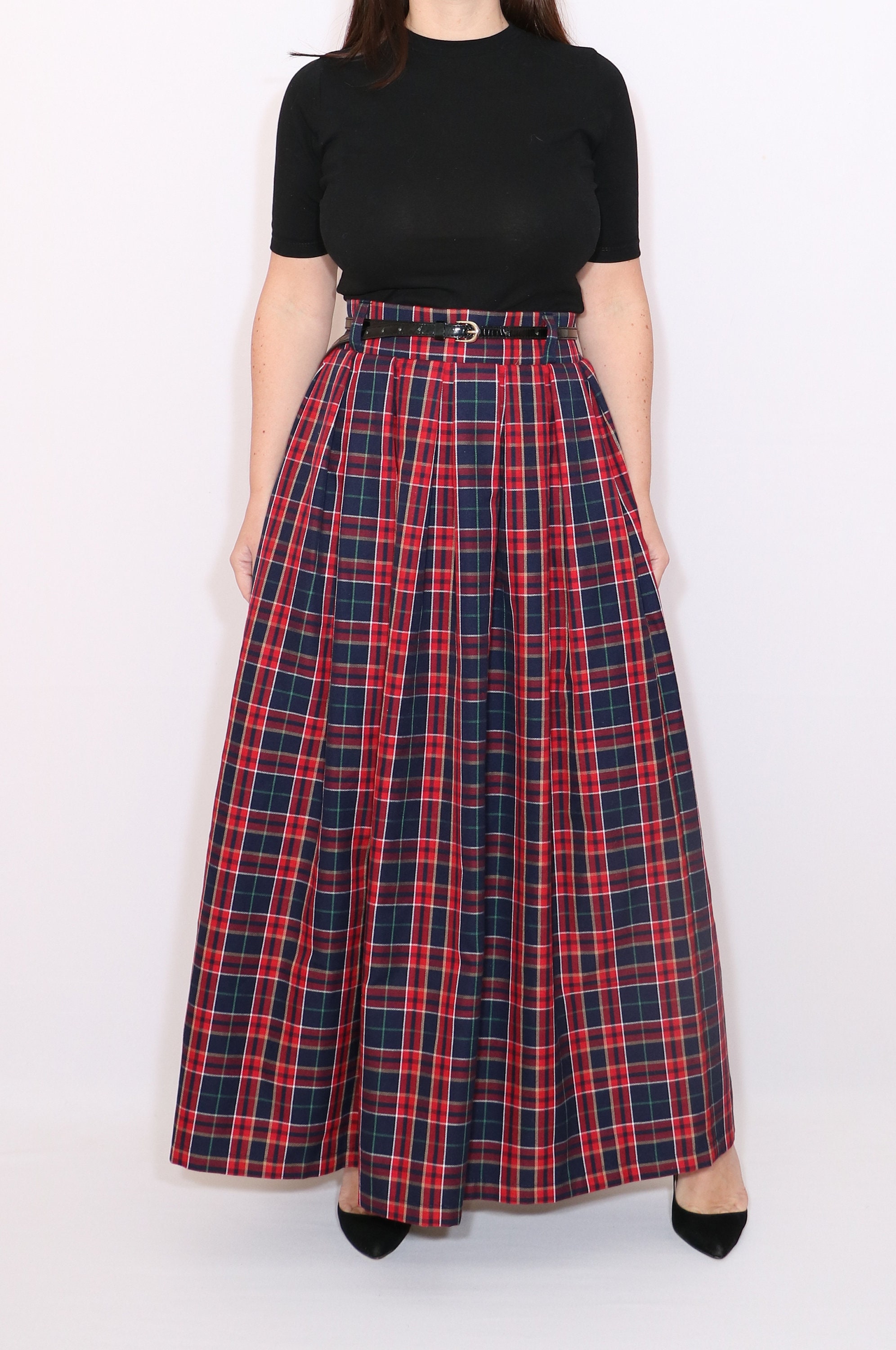 Navy Blue Long Tartan Skirt, Plaid Pleat Maxi Skirt