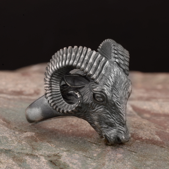 sterling Silver Aries Ram Biker Ring With Horns, Unique Rings For Men Ring, Oxidized Zodiac Head