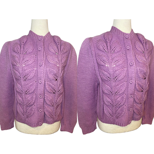 60S Hand Knit Lilac Acrylic Cardigan Sweater | Vintage Colored Lovely