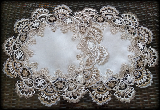 16" Set Of 2 Taupe Lace Doilies Round Light Brown With Creamy White