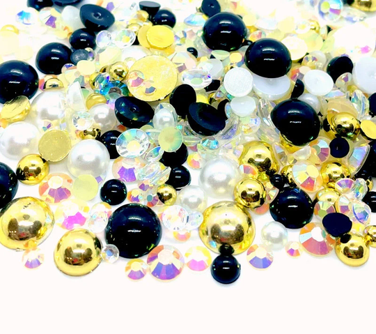 Nye Blend Rhinestone Mix 2mm-10mm Flatback Jelly Resin | Faux Pearls Sizes, Gold Black Clear