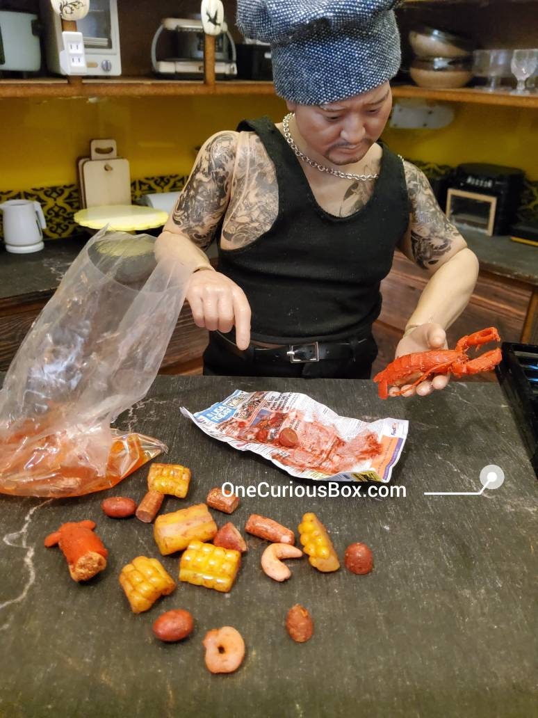 Comfort Food, Seafood Boil On Newspaper, One Serving, Barbie Sized, 16Th Scaled