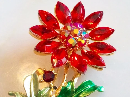 1950's Christmas Poinsettia Brooch Beautiful Enameled Floral Pin/Accessory. Red Crystals. Gold Tone Setting. Amazing Looker