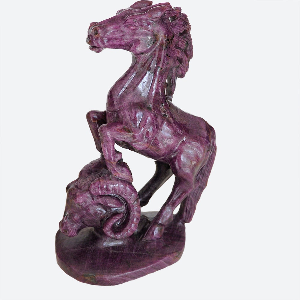 Antique Exclusive Untreated 9600Ct Natural Genuine Ruby Gemstone Hand Carved Horse Ram Animal Figurine Art Work Sculpture 8.564 Inches