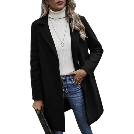 Women's Mid-Length Slim Fit Wool Blend Coat Windproof Trench Coat - black, X-Large
