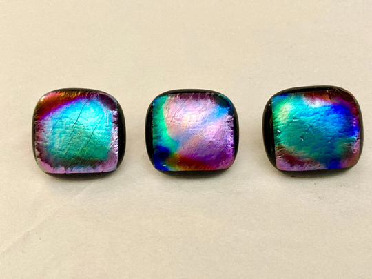 Metallic Dichroic Fused Glass Buttons, Set Of 3 Multicolor Handmade Art Gift For Knitter, Seamstress, Crafter, 1/2 " Buttons