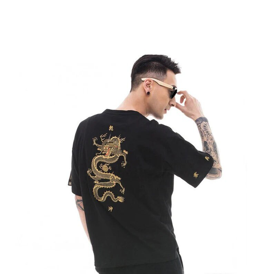 Summer Fashion Dragon Embroidery Tee Shirt Japanese Streetwear Black Kanji Short Sleeve T-Shirt
