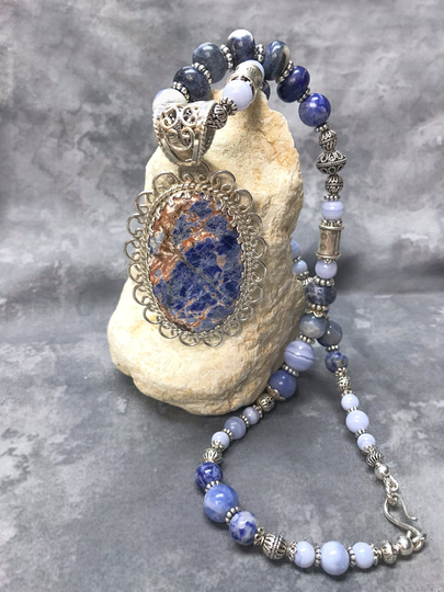 Sodalite, Agate & Sterling Silver Neclace