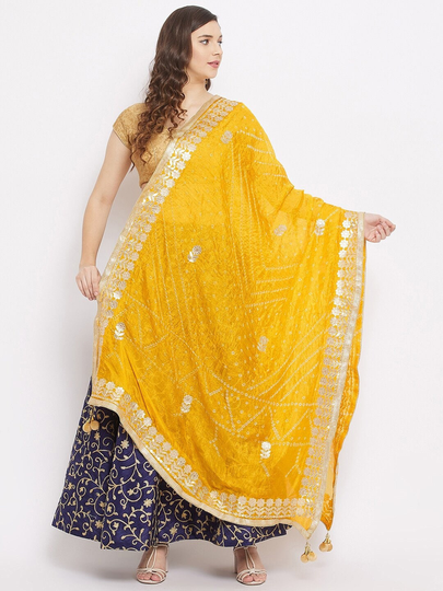 Women's Silk Blend Yellow & Gold-Toned Dyed Tie & Dye Dupatta With Gotta Patti Free Shipping