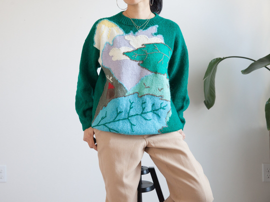 Vintage Green Scenic Mohair Wool Blend Sweater/Landscape Airy & Lightweight Fits Like Size M