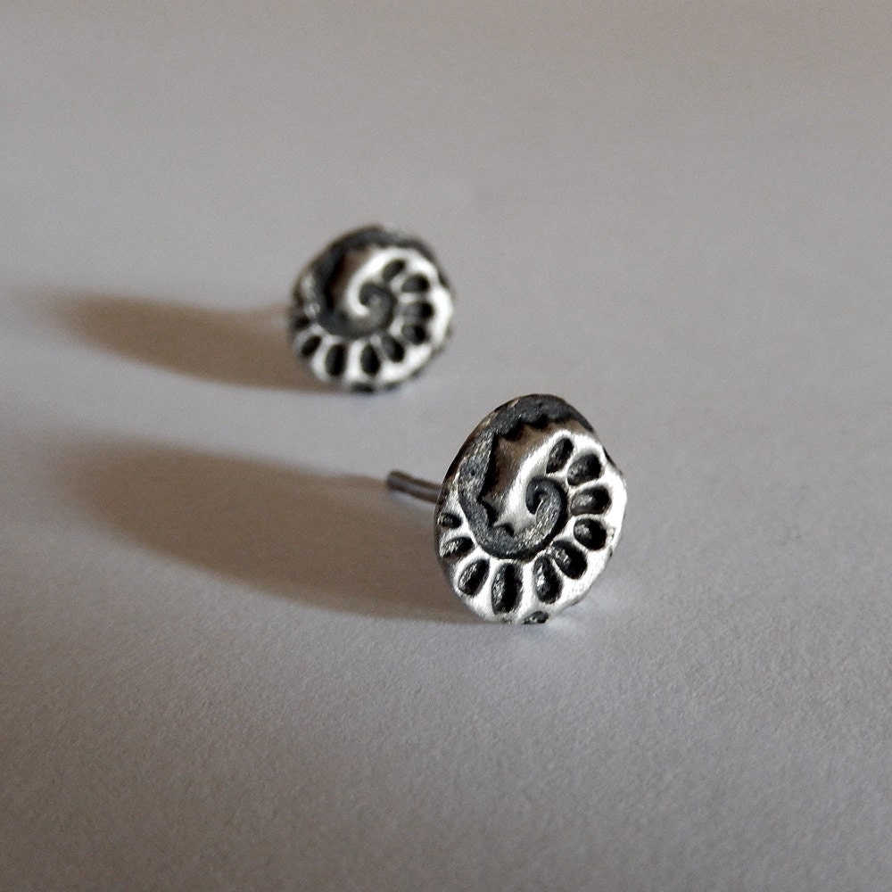 Tiny Handmade Sterling Silver Ammonite Stud Earrings - Nature Inspired Button Studs Fossil Shell Studs, Gift For Mom