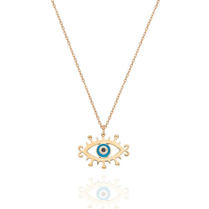 Evil Eye Necklace, 14K Yellow Gold Black Diamond Necklace, Talisman Protection Necklace, Cute Amulet Pendant, Dainty Gaze Necklace