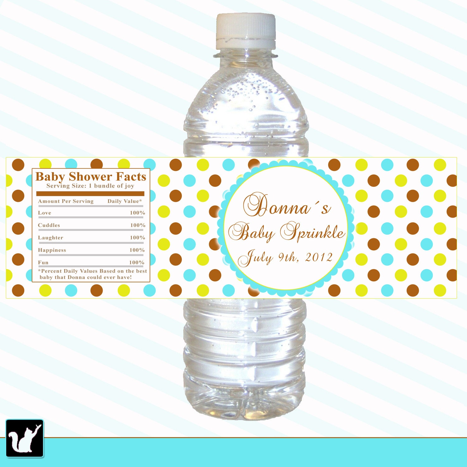 Printable Personalized Blue Green Brown Polka Dots Water Bottle Labels Wrappers - Birthday Party Baby Shower Boy Girl Custom Wraps