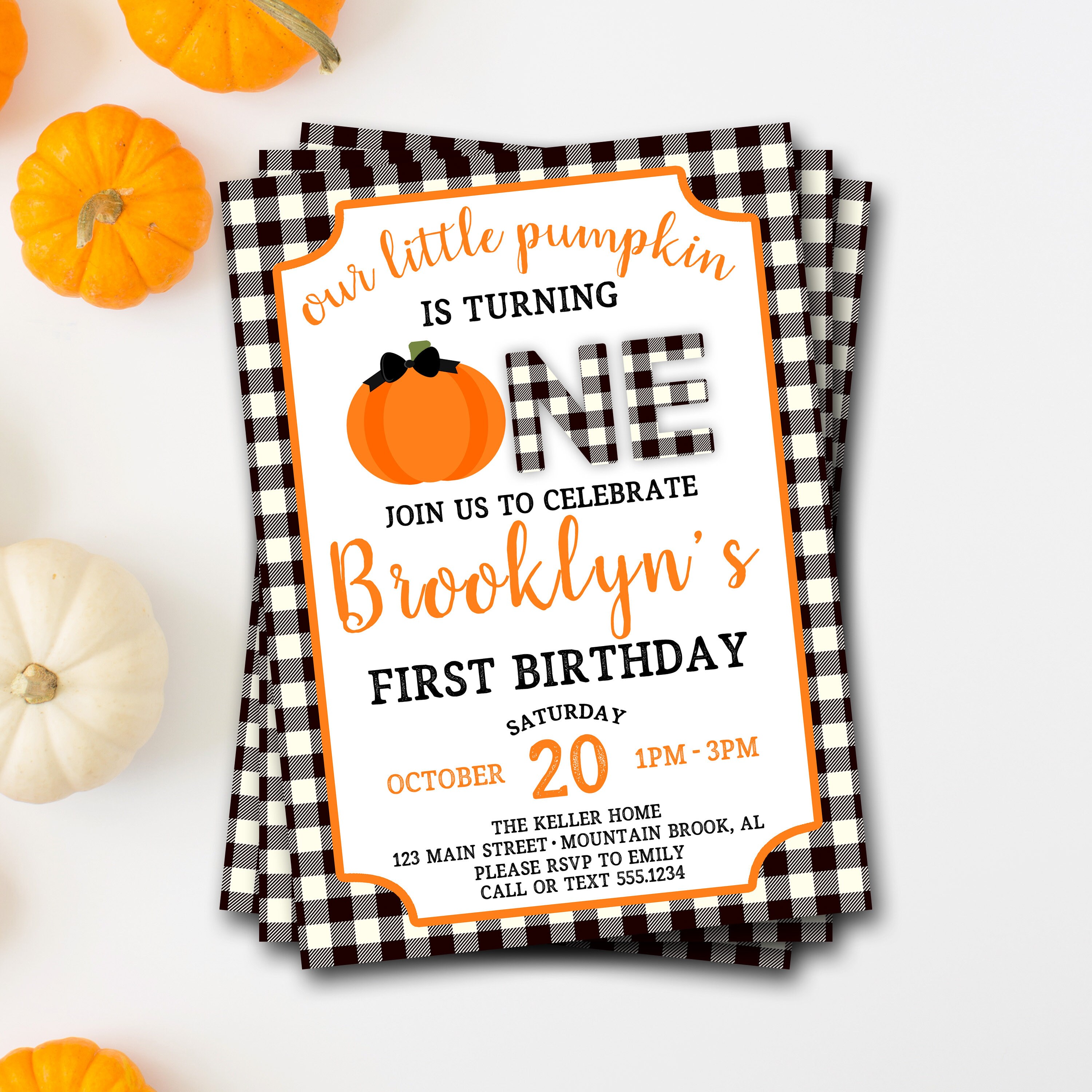 Pumpkin Birthday Invitation, First Fall Birthday, Buffalo Plaid Invitation