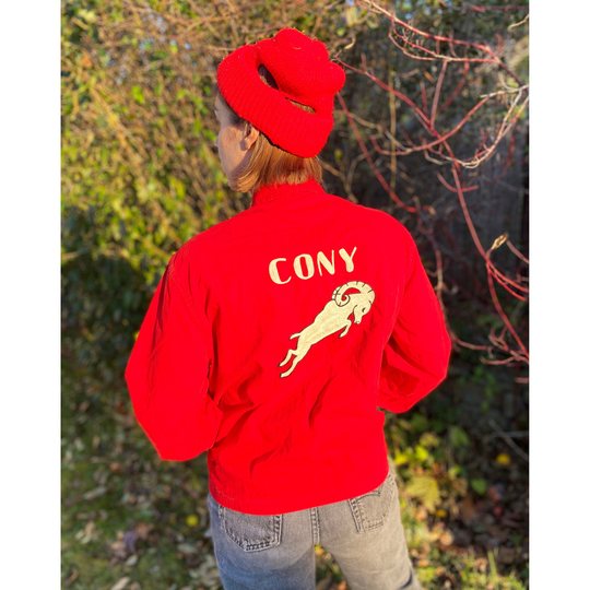 1950-1960S Red Cony Ram Chain Stitch Cotton Poplin Jacket Retro Vintage Letterman 50S Rockabilly Goat/Sir Jac Size Large Chest 44"